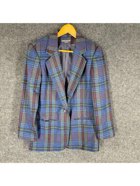 Savannah Blazer Women 8 Blue Plaid One Button Long Sleeve Pockets Wool Lined